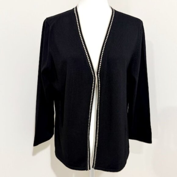 Ann Taylor Loft Black Cardigan Sweater Tan Trim 3/4 Sleeves - Picture 1 of 5